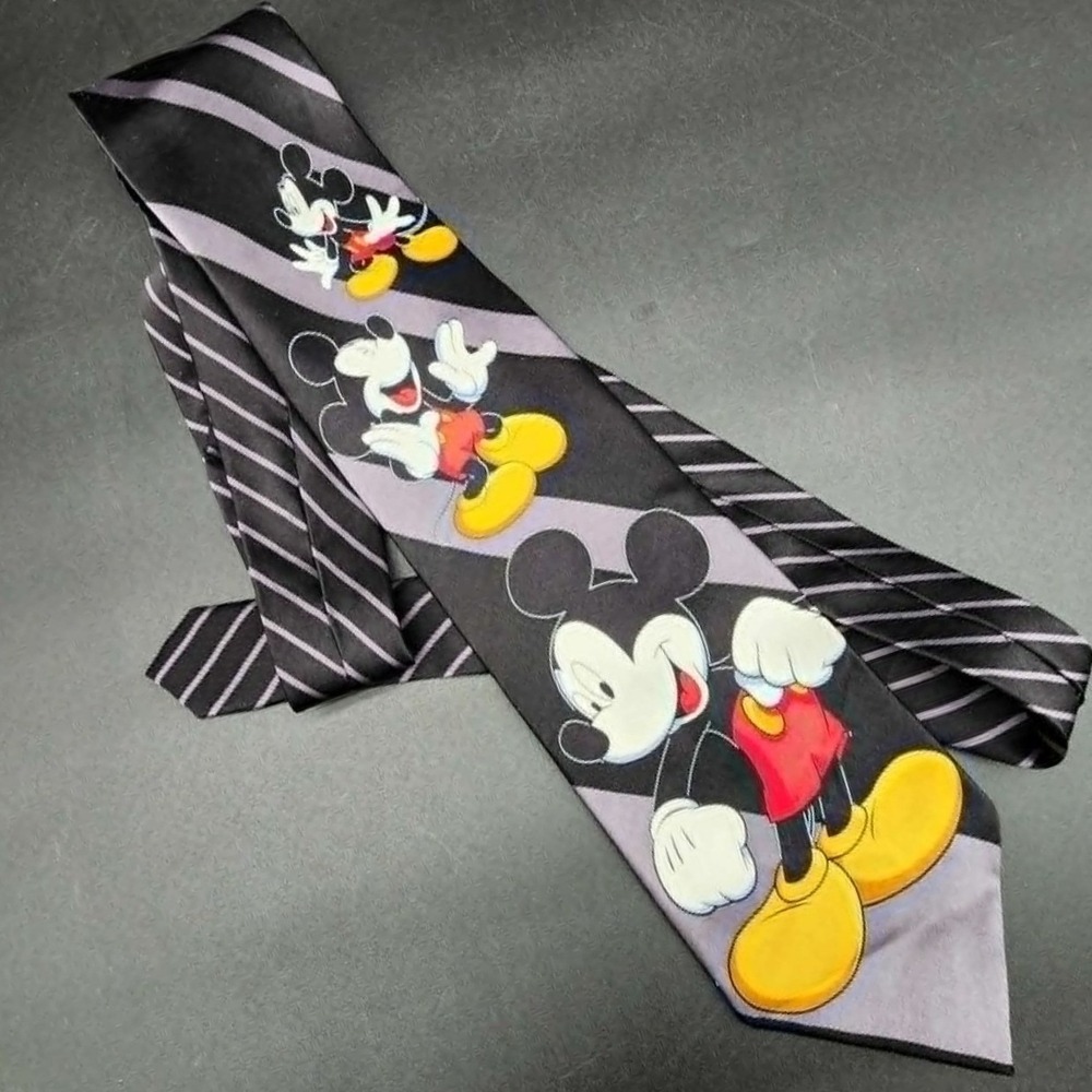 Mickey Unlimited Mickey Mouse Striped Black Gray Mens Tie Disney Retro Novelty